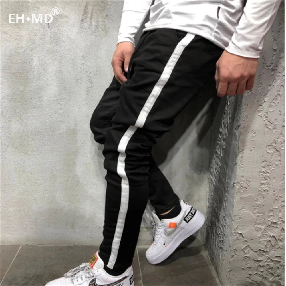 EH · MD® Beaded Jeans Men's Feet Casual Trousers Soft Fabric Large Pocket Solid Color Fashion Slim 2020 New Trendy Brand Black