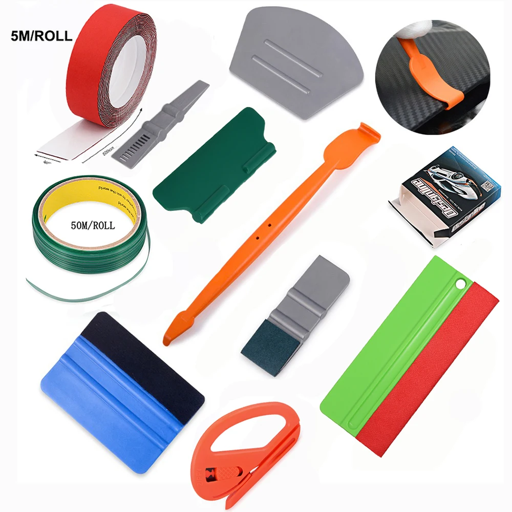 FOSHIO Vinyl Wrap Car Tools Kit 50m Knifeless Tape Carbon Fiber Film Magnetic Stick Squeegee 5m 3 Layers Scraper Fabric Cloth