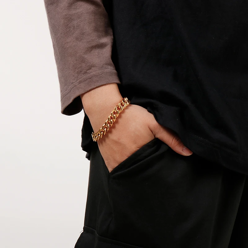 Kalen 11mm Dubai Gold Color Link Bracelet Men 16-24cm Black Cuban Chain Stainless Steel Jewelry
