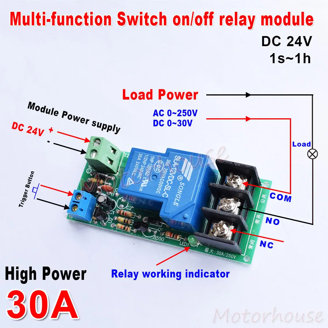 DC 24V Trigger Delay turn OFF/ ON Switch Timer Relay Module High Power 30A PLC 1s-1h