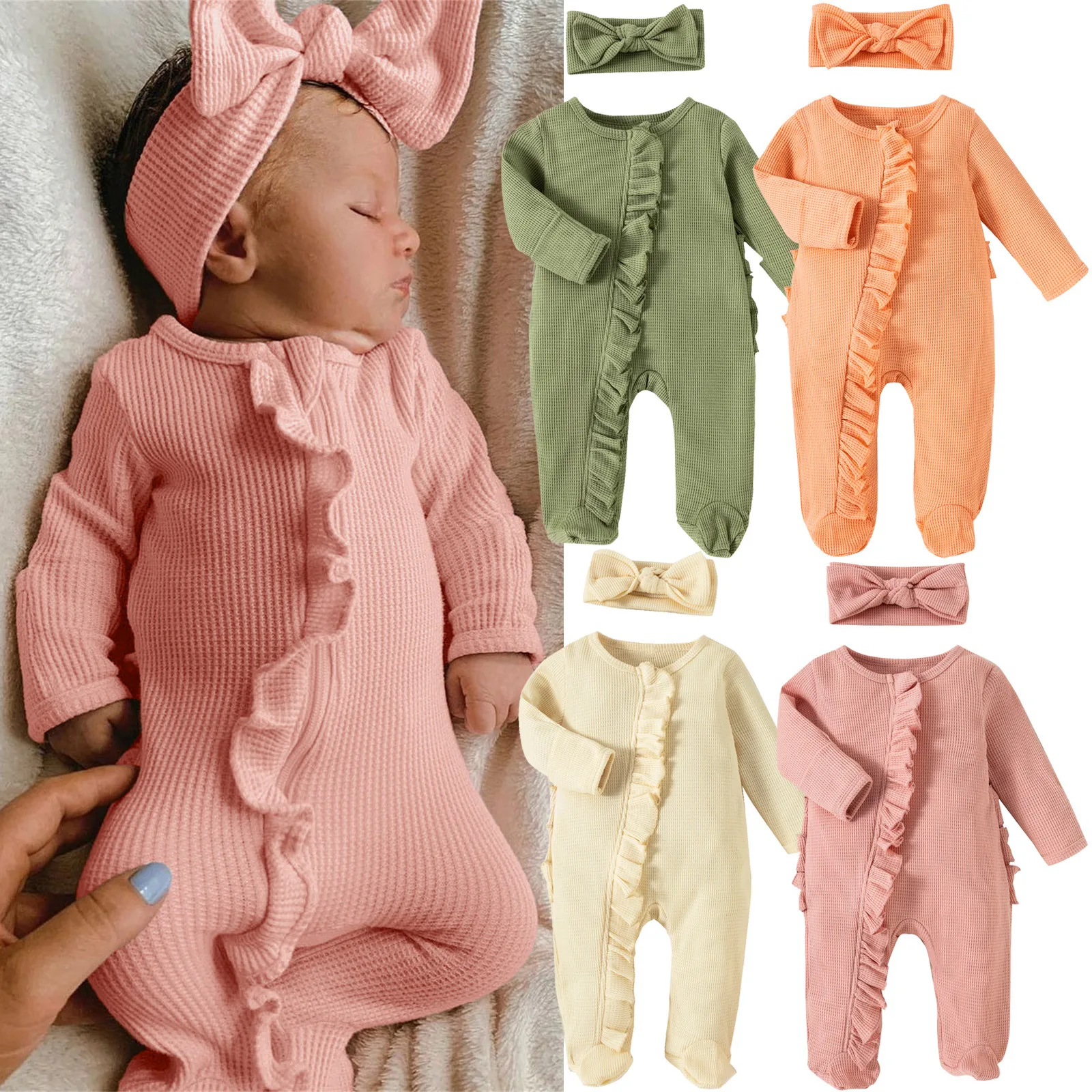 3 6 12 24 Months Baby Rompers Girls Solid Zipper Ribbed Footed Jumpsuit+Headband Sets Infant Outfits Spring Autumn Clothing Sets