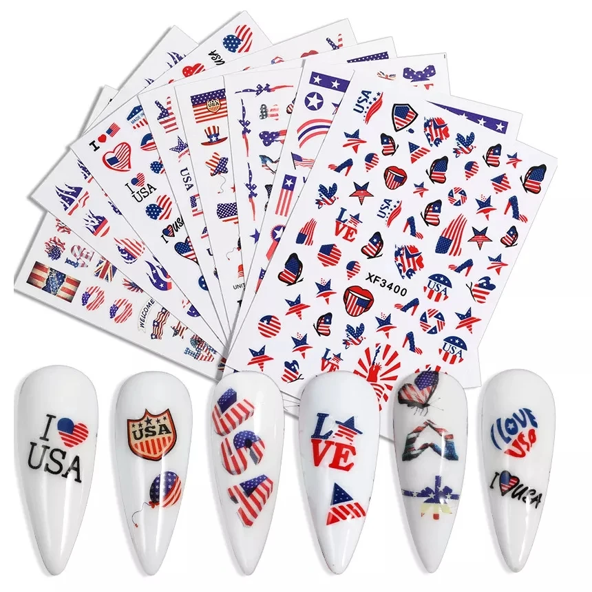 Flag USA Nail Sticker For Manicure Design Clover Love Back Glue Nail Art Sticker Decals Decoration Fire Nail Accesoires Flame