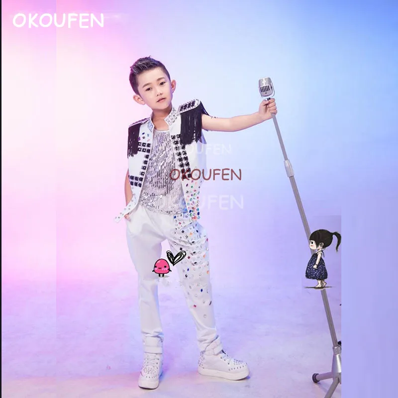 

Индивидуальный костюм для уличного танца для мальчиков, модный жилет с кисточками на плечо, Детский костюм для выступления, сценического шоу, комплект одежды