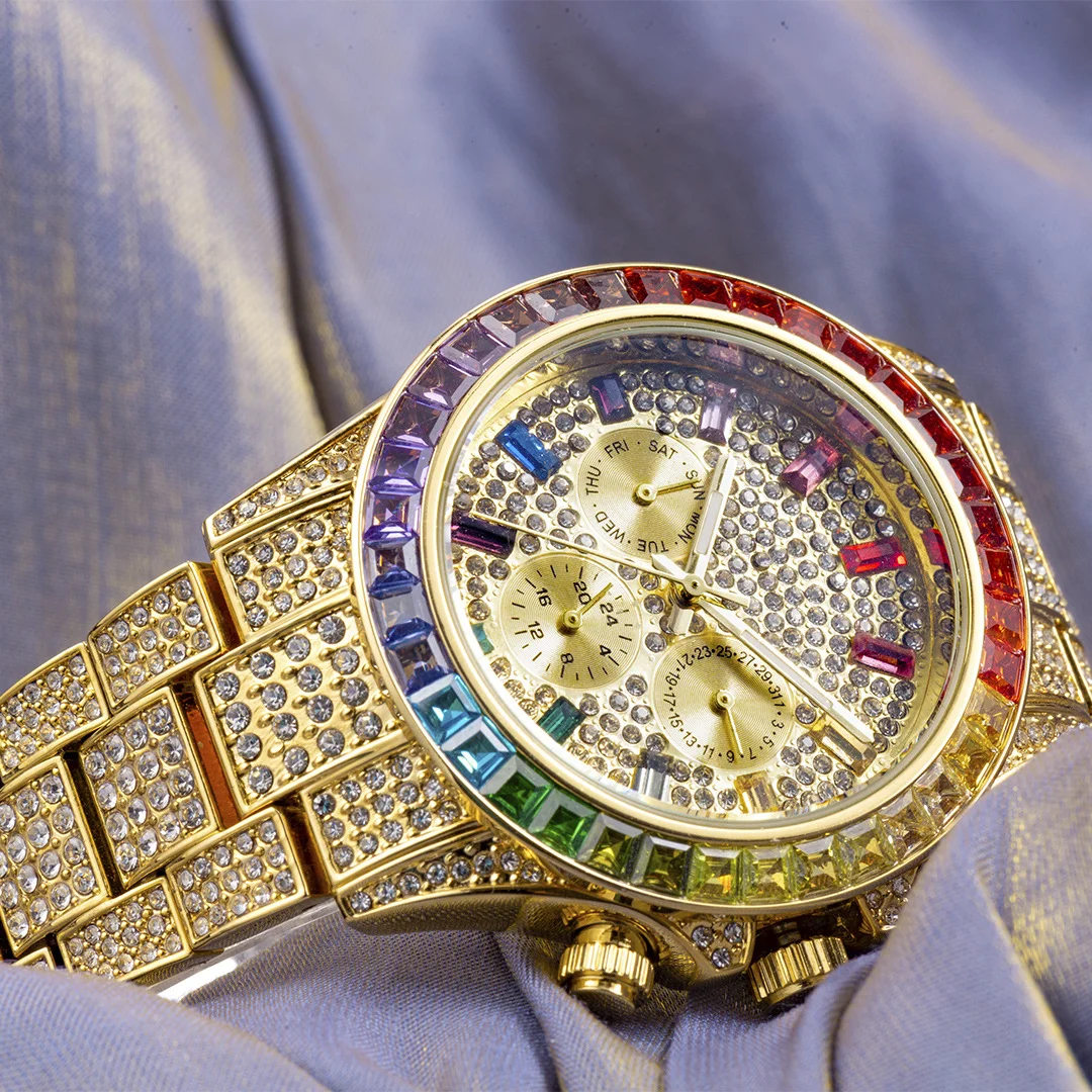 Chronograph 18K Plated Gold Watch for Men Full Diamond Mens Watches Hip Hop Iced Out Quartz Wristwatch Man Cuban Chain Bracelet