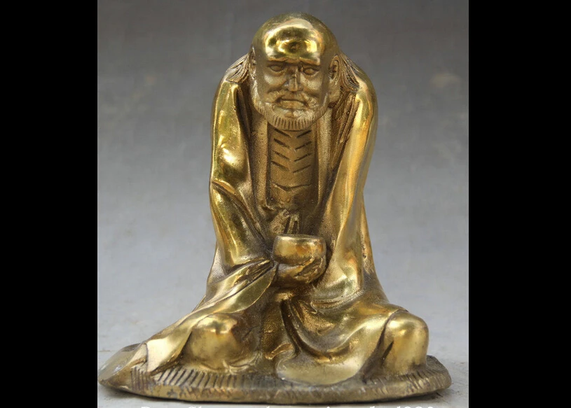 

6" Chinese Buddhism Brass Seat Arhat Damo Bodhidharma Dharma Buddha Bowl Statue 15CM