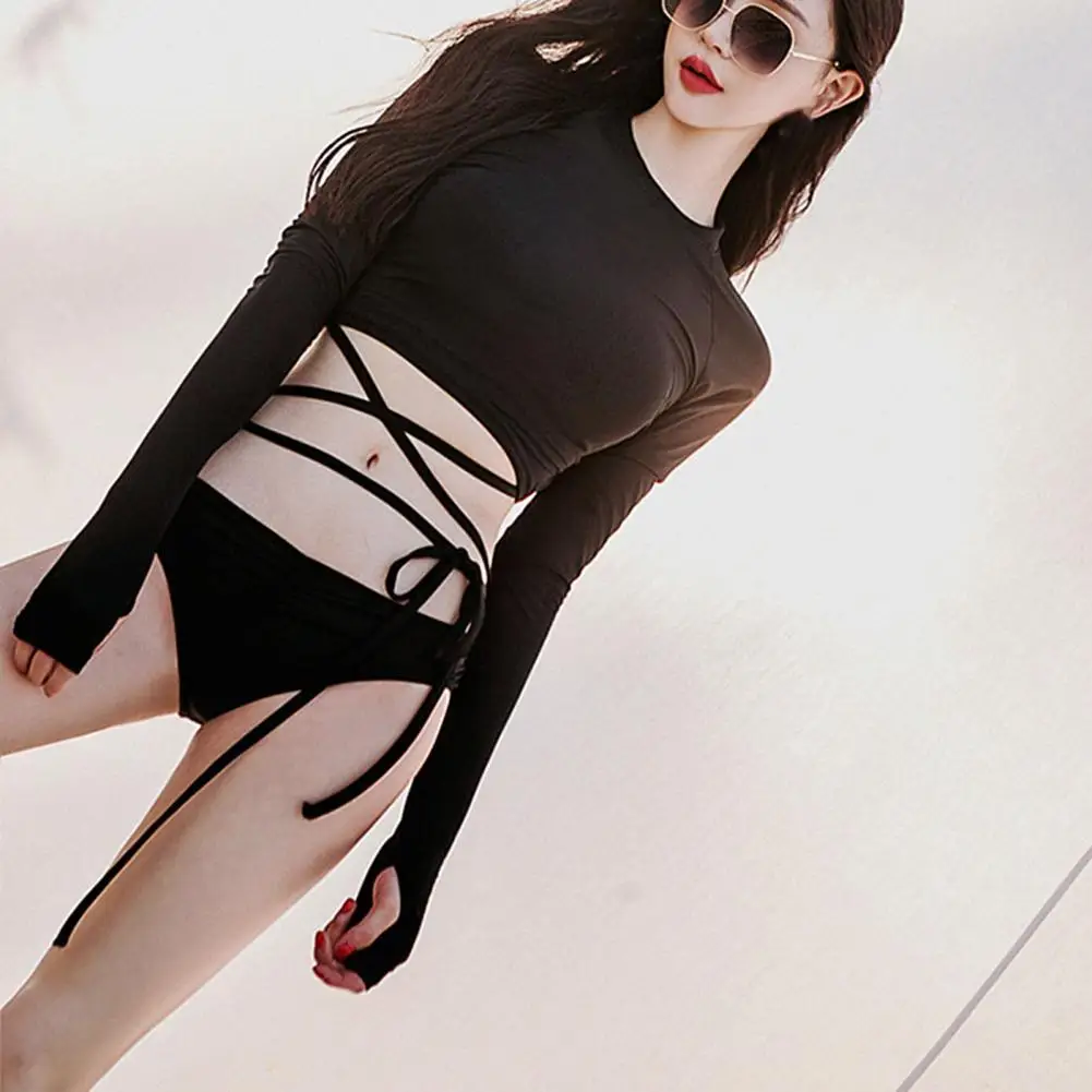 Fashion Swimsuit Smooth Conservative Polyester Skin-friendly Long Sleeve Low Waist Bikini Set Women Siamese Swimsuit for Beach