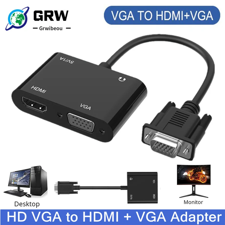 GRWIBEOU VGA to HDMI VGA adapter, 1080P VGA splitter 1 in 2 output for computers desktops laptops computers monitors projectors