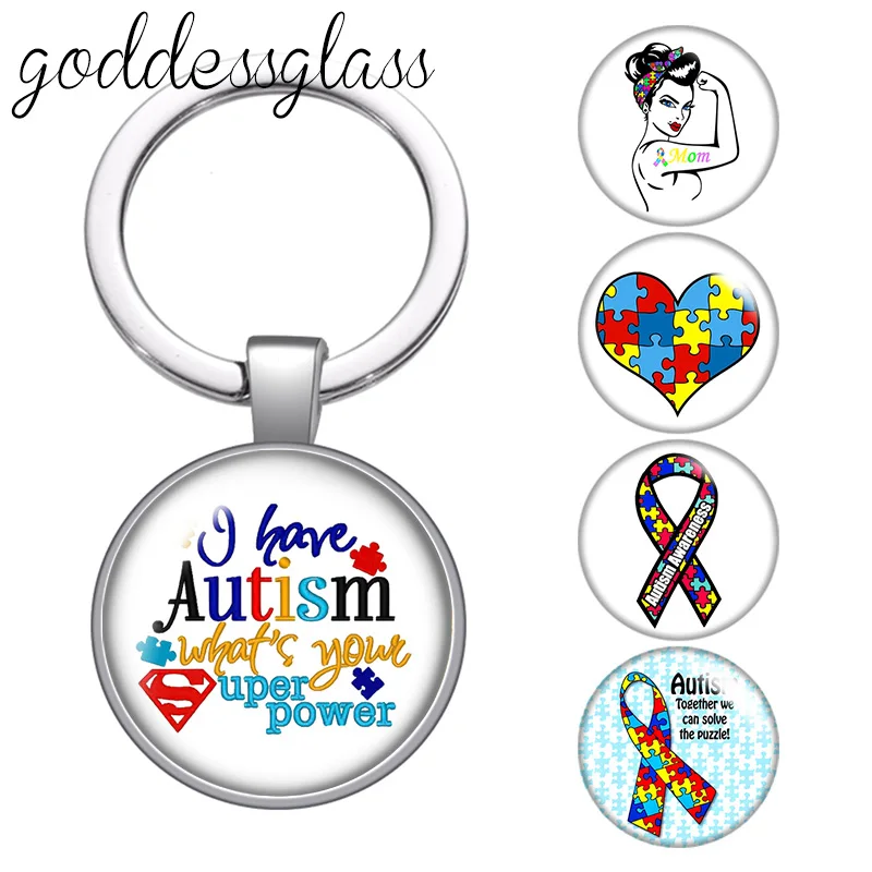 Autism Awareness Puzzle Ribbon Love Photo Round glass cabochon keychain Bag Car key chain Ring Holder Charms keychains for gift