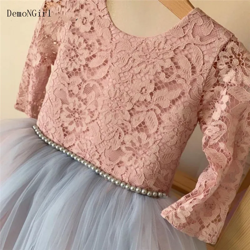 Vestidos da menina da flor da luva longa do laço cor-de-rosa com cinto de pérola sem costas crianças primeiro comunhão vestido de aniversário