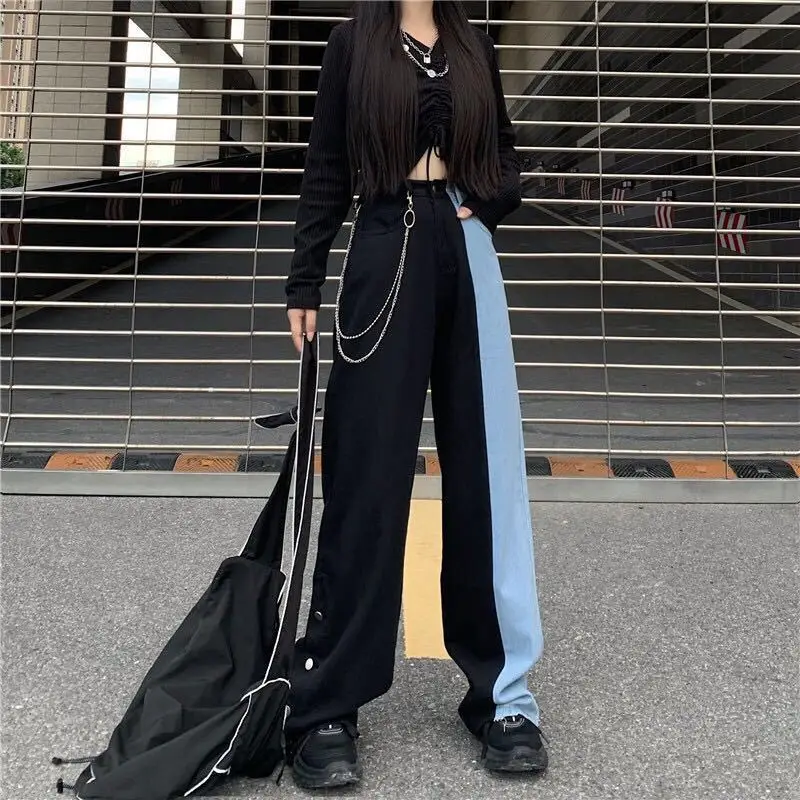 Autumn Spliced Wide Leg Pants Women's Design High Waist Straight Drooping Mop Denim Vintage Streetwear Harajuku Pants for Women