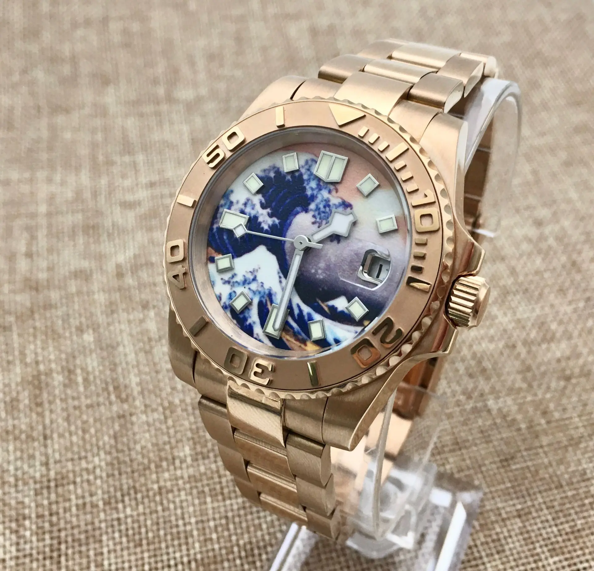 40mm Kanagawa Surf Luminous Dial Ceramic Ring Yacht Men\'s Automatic Mechanical Watch Stainless Steel Rose Gold Case NH35