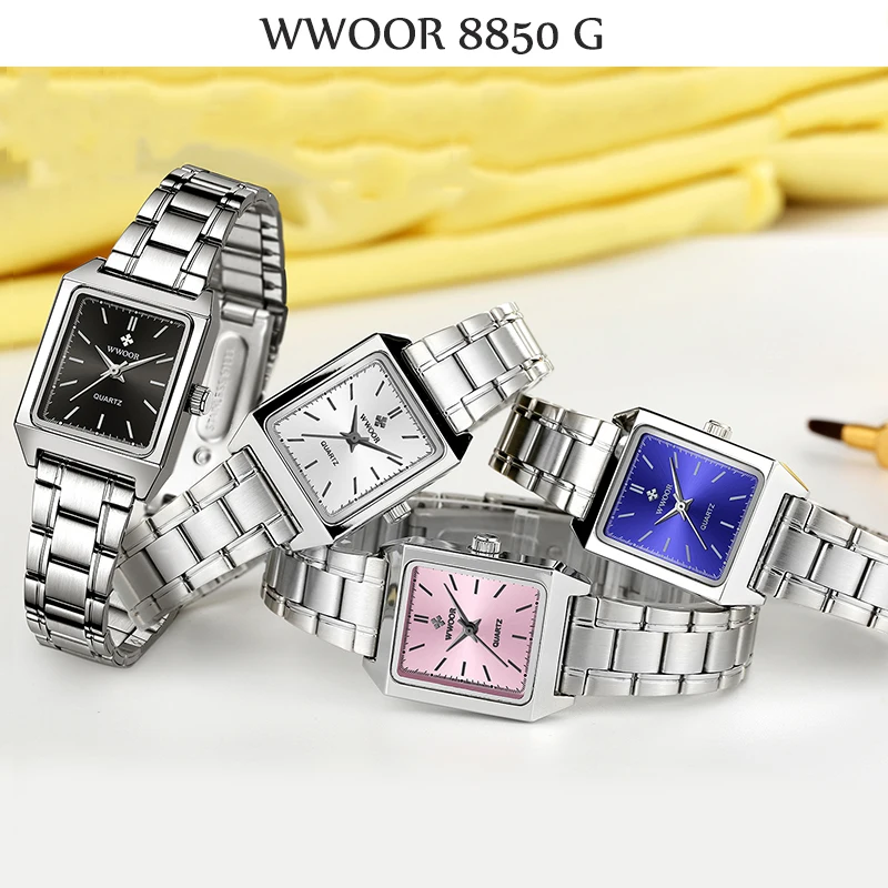 WWOOR Women Small Square Watch Simple Design Luxury Stainless Steel Women Quartz Wristwatch Silver Casual Watches Gift For Women