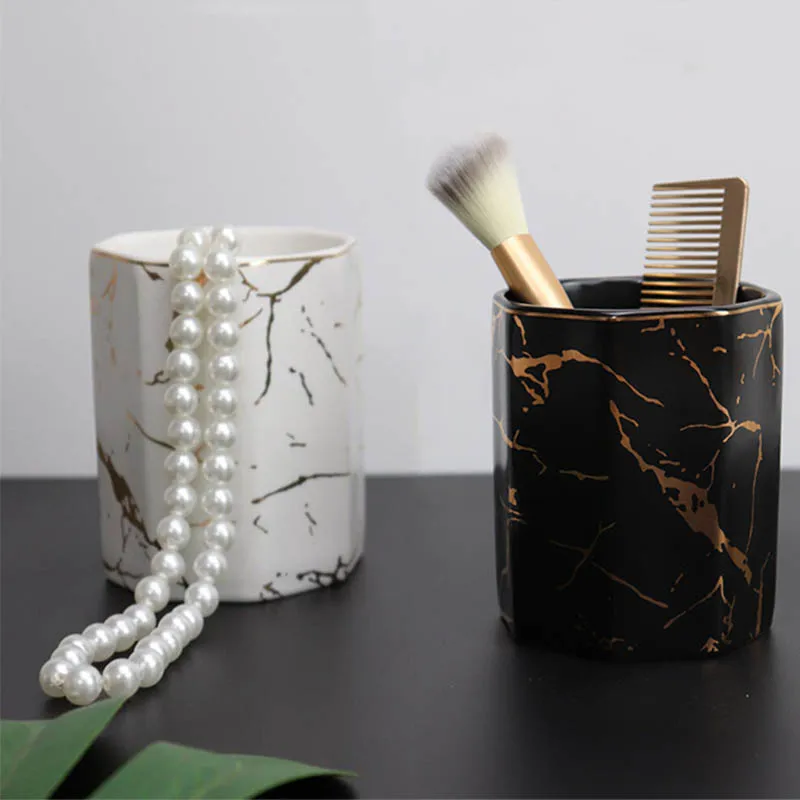 1Pcs Makeup Brush Holder Marble Makeup Brushes Cup Ceramic Cosmetic Storage Organizer Bathroom Toothbrush Holder Caja Maquillaje