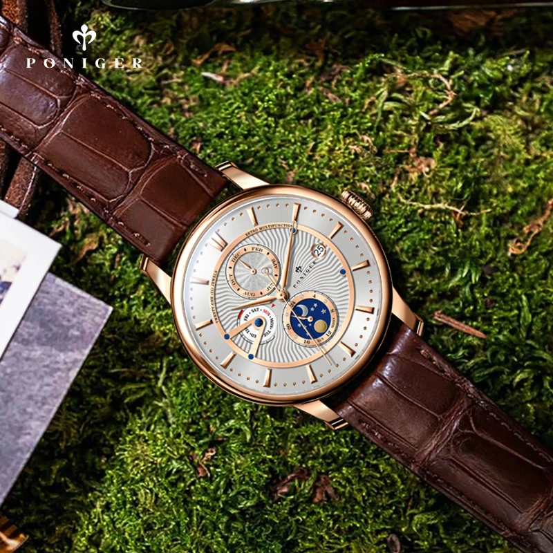 PONIGER Luxury Men's Automatic Mechanical Watch Sapphire Glass Waterproof Men Watches Multi Function Date Calendar Clock