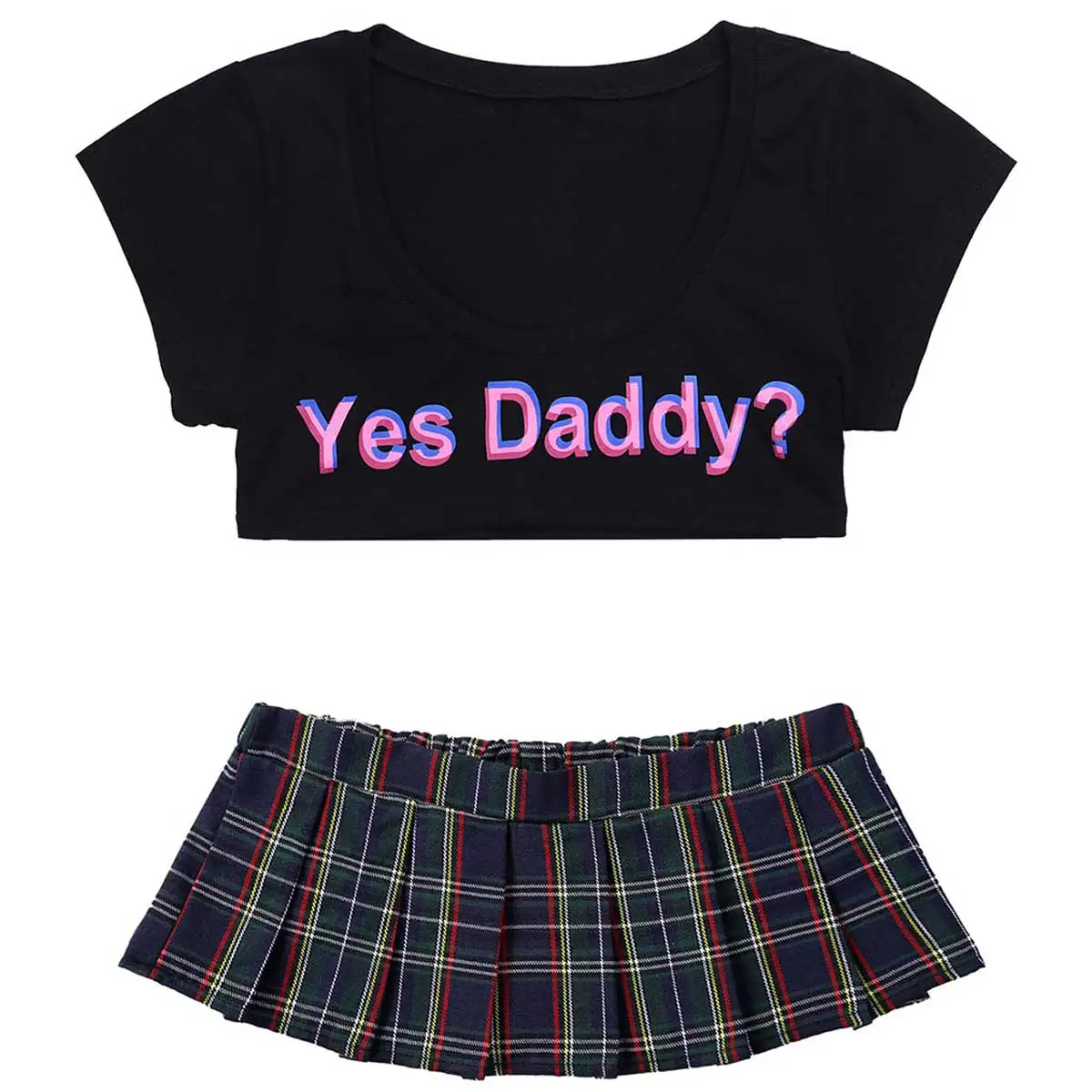 Womens Japanese Lingerie Parties Sexy School Girls Costumes Clubwear Yes Daddy? Letter Crop Tops with Mini Plaid Pleated Skirt