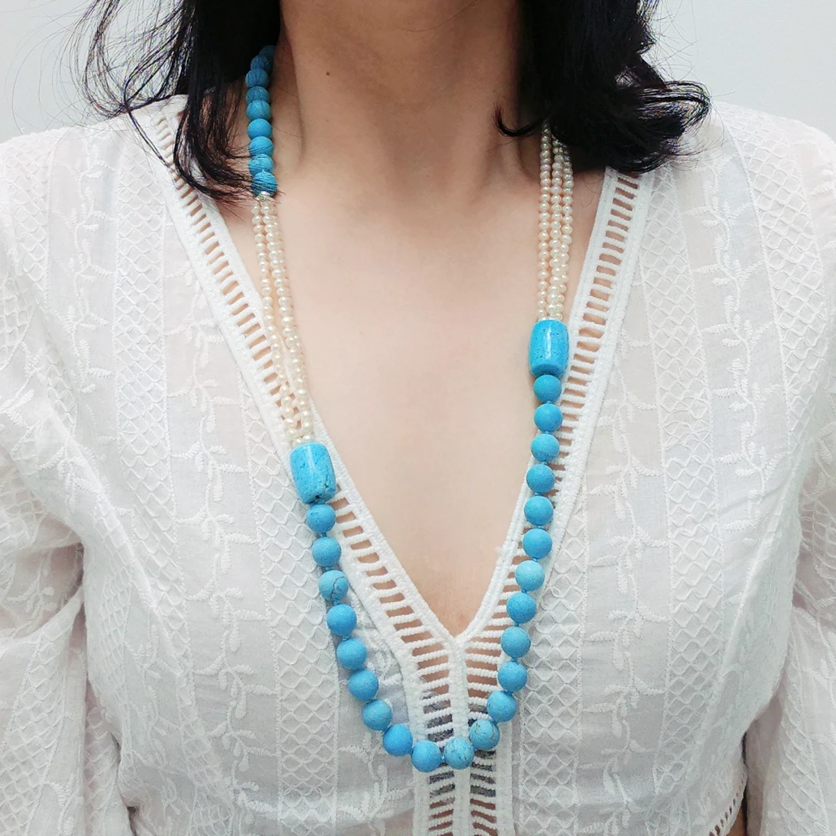 Lii Ji Blue White Long Necklace 78cm Blue Turquoises Real Pearl Unique Necklace Women Jewelry Gift