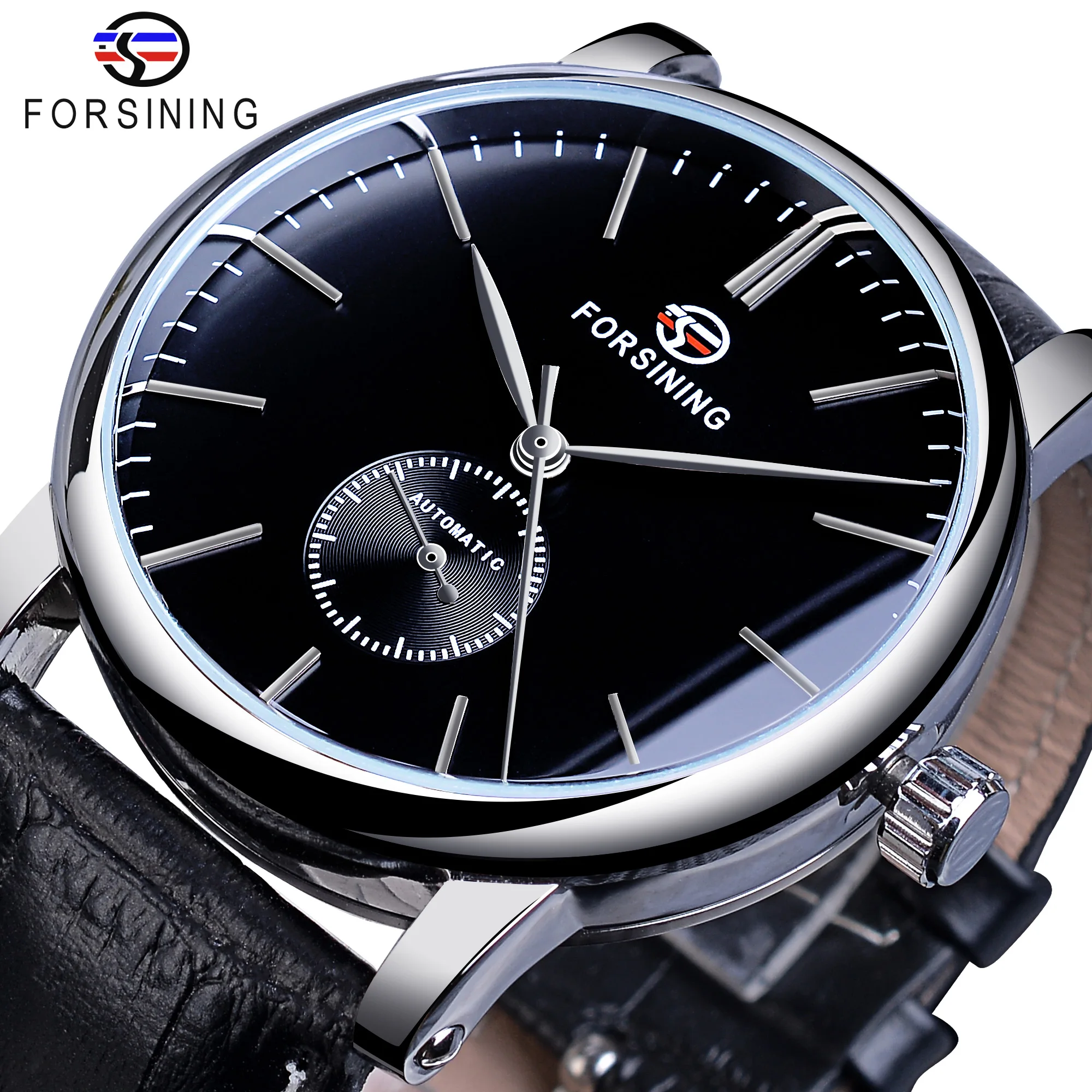 Forsining Minimalist Men\'s Mechanical Watch Black Slim Dial Automatic Casual Genuine Leather Clock Male Wristwatch Relogio Saati