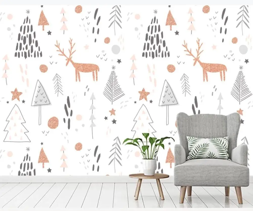 XUE SU Custom large murals / wallpapers / hand-painted children's room elk trees background wall