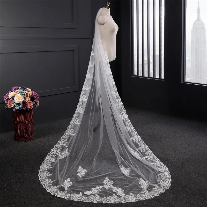 Elegante acessórios de casamento apliques tule longo catedral véus de casamento borda do laço 1t véus de noiva 3 metros veu noiva longo