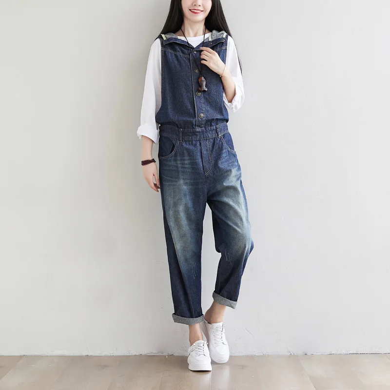 Female new autumn korean style retro washed with hooded one-piece waist adjustable loose denim overalls