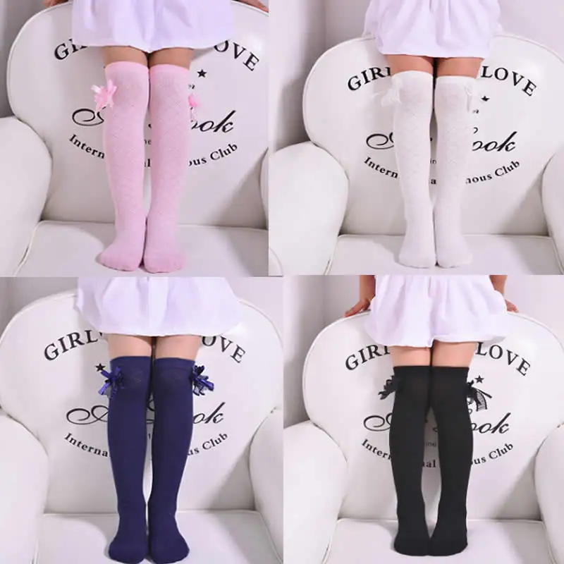 Children Spring Autumn Tube Socks Rhombus Lattice Girl Princess Socks 100% Cotton Knee Above Long Socks Cotton Lace Bowknot Slim