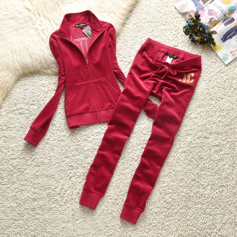 

Juicy Lovers Brand 5 Bright Color Women Sporting Suits Heavy sequin Velvet Casual Women Tracksuits Hooded Collar Sportswear suit