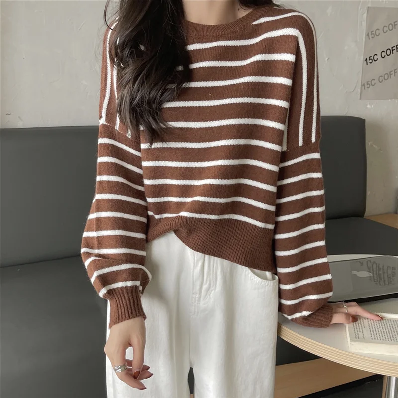 Women New Four-color Striped Knitted Sweater Casual Round Neck All Match Autumn Long Sleeve Loose Knitting Sweater Coat Top