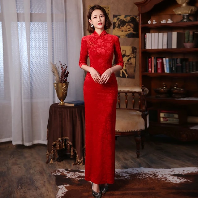 Red 3 4 Sleeve Long Cheongsam Velvet Slim Mother Dress Elegant Traditional Evening Dresses Qipao AliExpress