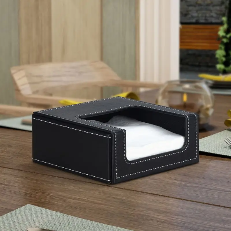 PU Leather Square Cocktail Napkin Holder Paper Serviette Dispenser Tissue Box Bar Caddy for Dining Table Hotel Office Home Decor