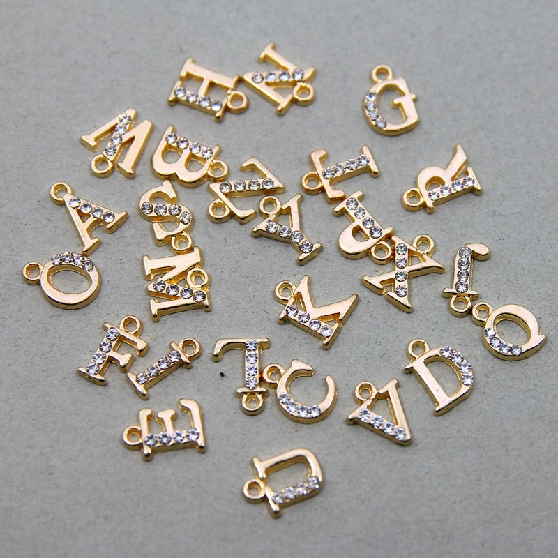 26/10pcs/pack A-Z Letter Gold Alloy Crystal Rhinestone Charms Alphabet Jewelry Bracelet Chain Keyring Initial Handmade Pendant