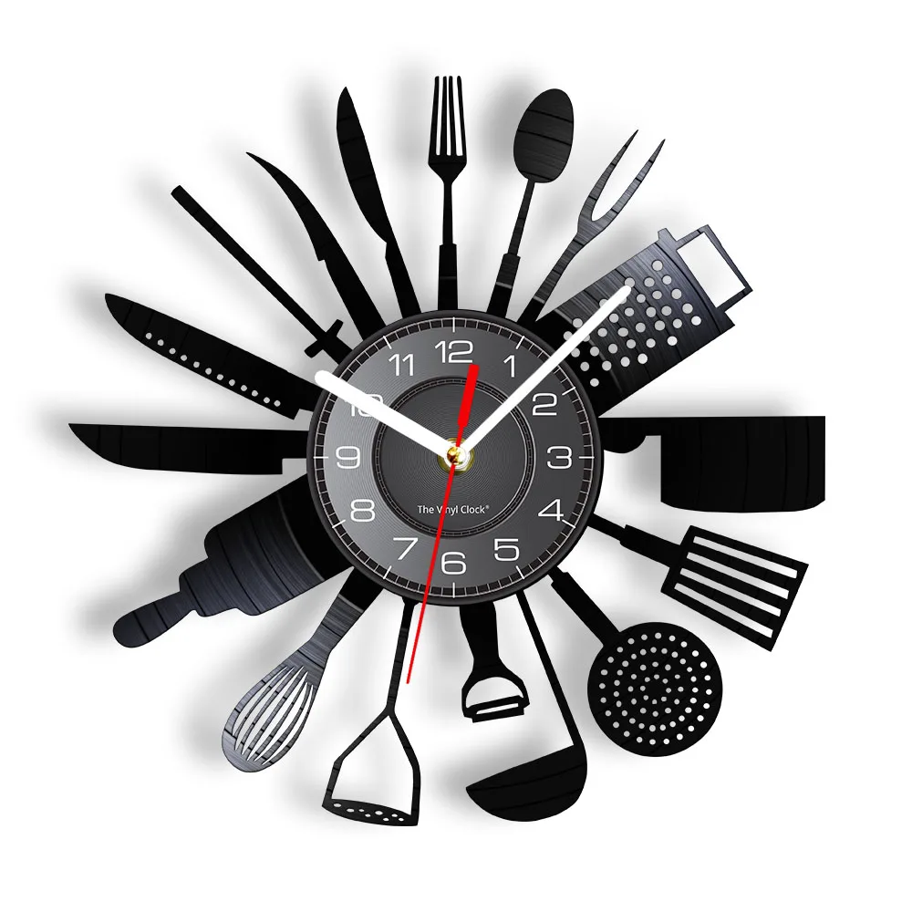 Cooking Set Wall Clock Knife Fork Spoon Vinyl Record Kitchen Home Decor Reloj De Pared Quartz Watch Zegar Scienny