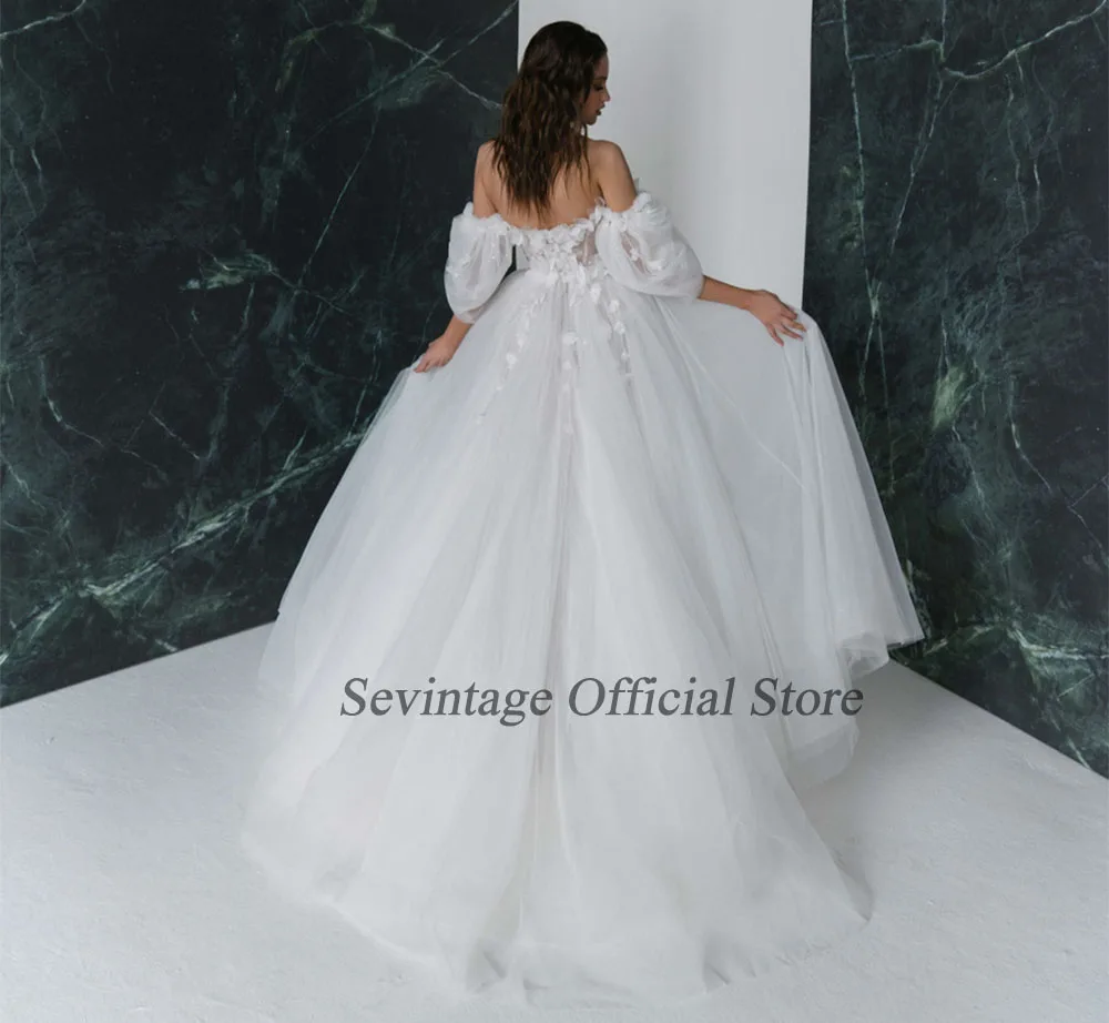 Sevintage Hoge Kant Split Trouwjurken V-hals Puffy Mouwen Baljurk Brides Gown Kant Applicaties 3D Bloemen Prinses Jurk