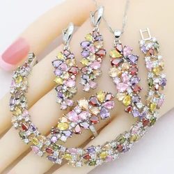 Multi Color Zircon 925 Stamp Women Jewelry Sets Bracelet Earrings Necklace Pendant Ring Wedding Party Birthday Gift