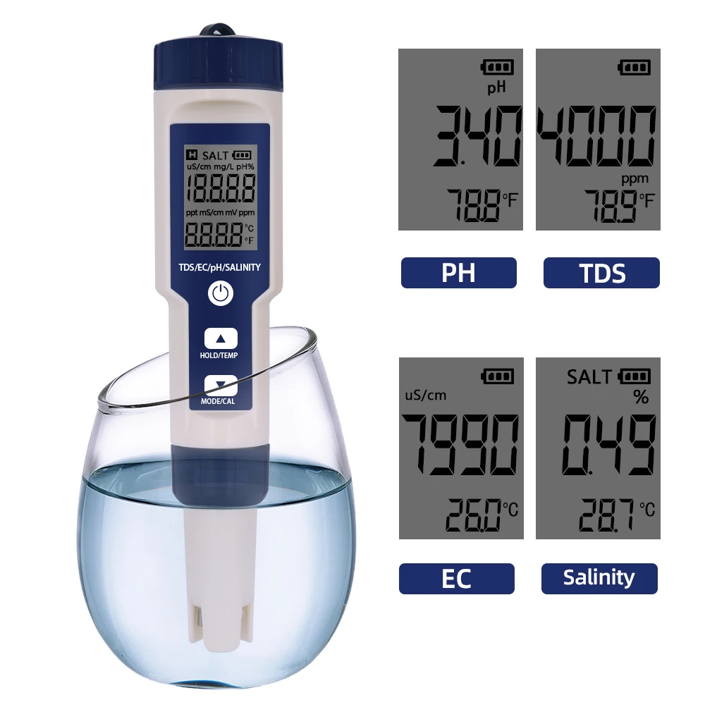 5-in-1-PH-Messgerät, Wasserqualitätstester, digitales TDS EC PH-Salzgehalt-Temperaturmessgerät für Pools, Aquarien, Wasser mit Hintergrundbeleuchtung – Detail 5
