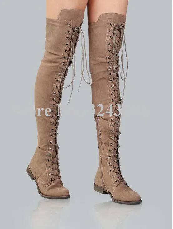 Lady New Lace-up Flat Over the Knee Boots Fashion Black Leather Woman Casual Long Boots Large Size Winter Boots Dropship Shoes