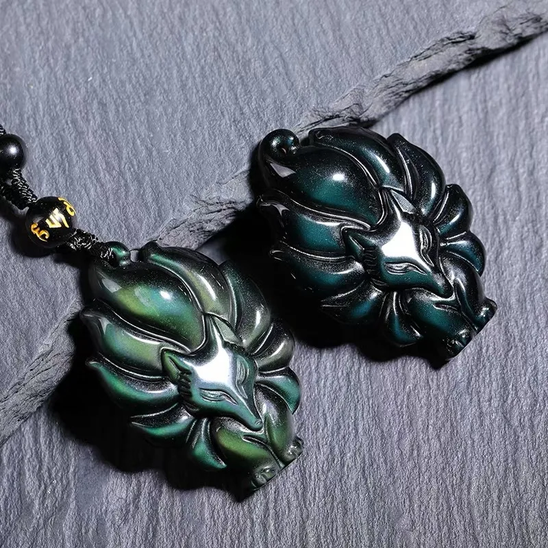 Nine-Tailed Fox Pendant Necklace Natural Rainbow Eye Obsidian Animal Fox Colorful Fairy Men Women New Jewelry Pendant With Chian