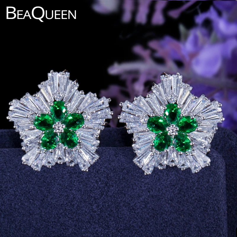 BeaQueen Trendy Lovely Green White Cubic Zircon Crystal Flower Star Stud Earrings for Women Party Accessories Jewelry Gift E132