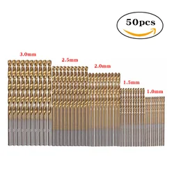 50Pcs 1 / 1.5 / 2 / 2.5 / 3mm Titanium Coated Drill Bit High Speed Steel Drill Bit Straight Shank Drill Twist Drill