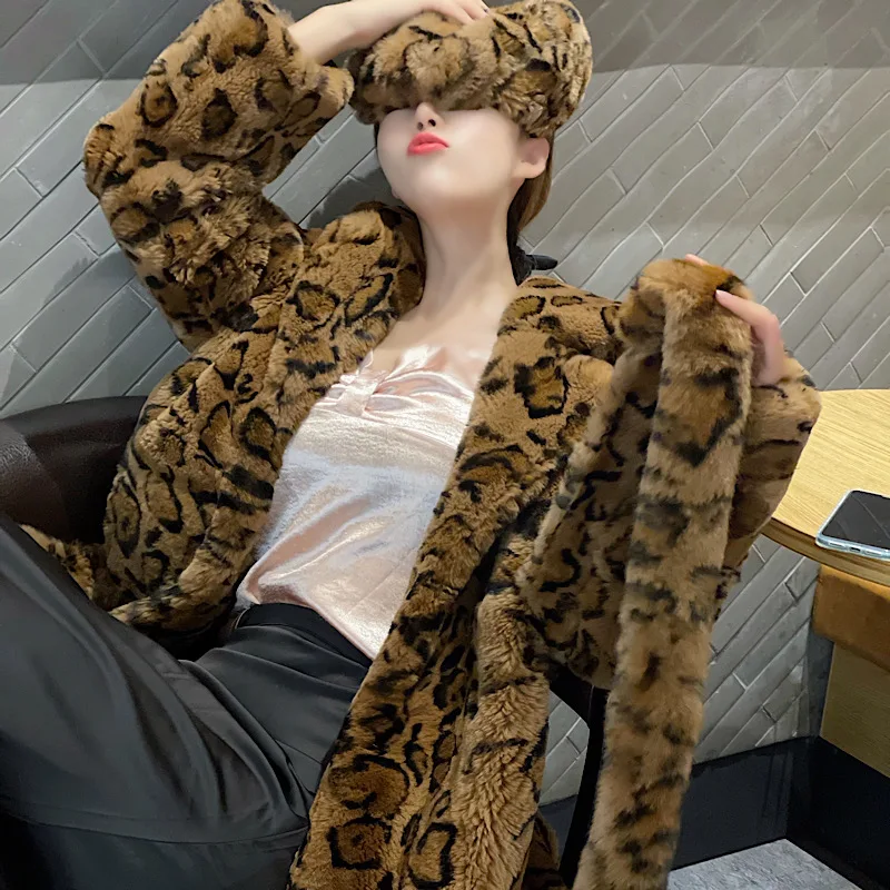 2022 New Winter Women Real Rex Rabbit Fur Coats   Fashion Long Leopard  Overcoat Simple Warm Ladies Outerwear Luxurious Street