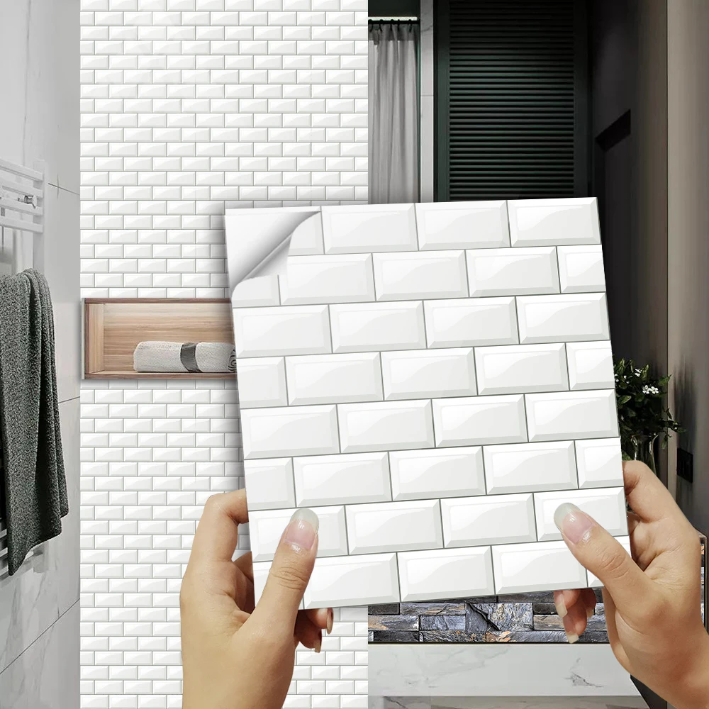 

10pcs White Brick Embossed Flat Tiles Sticker Kitchen Wardrobe Bathroom Wall Decal Home Decor Waterproof Self-adhesive Wallpaper