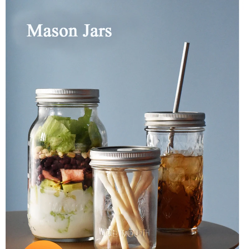 Mason Jar Glass Bottle with Lid Coffee Mug Fruit Saland Juice Sauce Camera Food Storage Container Sealed Tank Props Light Bottle