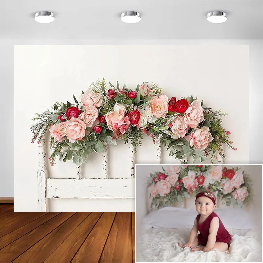 Wood Headboard Photography Backdrop Floral Garland Newborn Children Baby Kids Background for Photocall Photo Studio Photoshoot