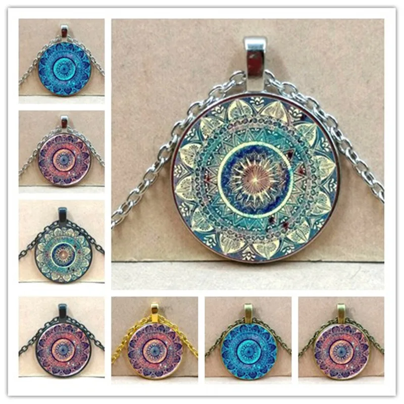 Vintage Glass Dome Necklace Buddhist Chakra Glass Convex Pendant Jewelry Om Indian Yoga Mandala Necklace for Unisex