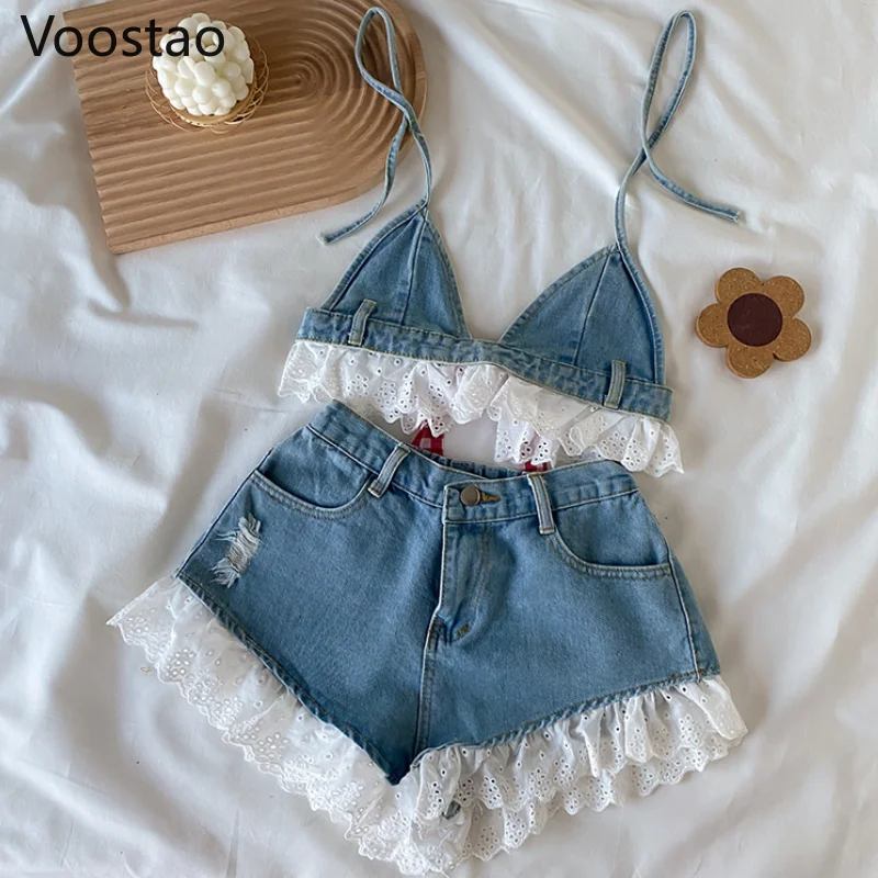 Conjuntos de shorts jeans estilo doce lolita para mulheres, bandagem sexy de renda, camisola, tops, jeans babados, calças curtas para meninas, 2 peças, verão