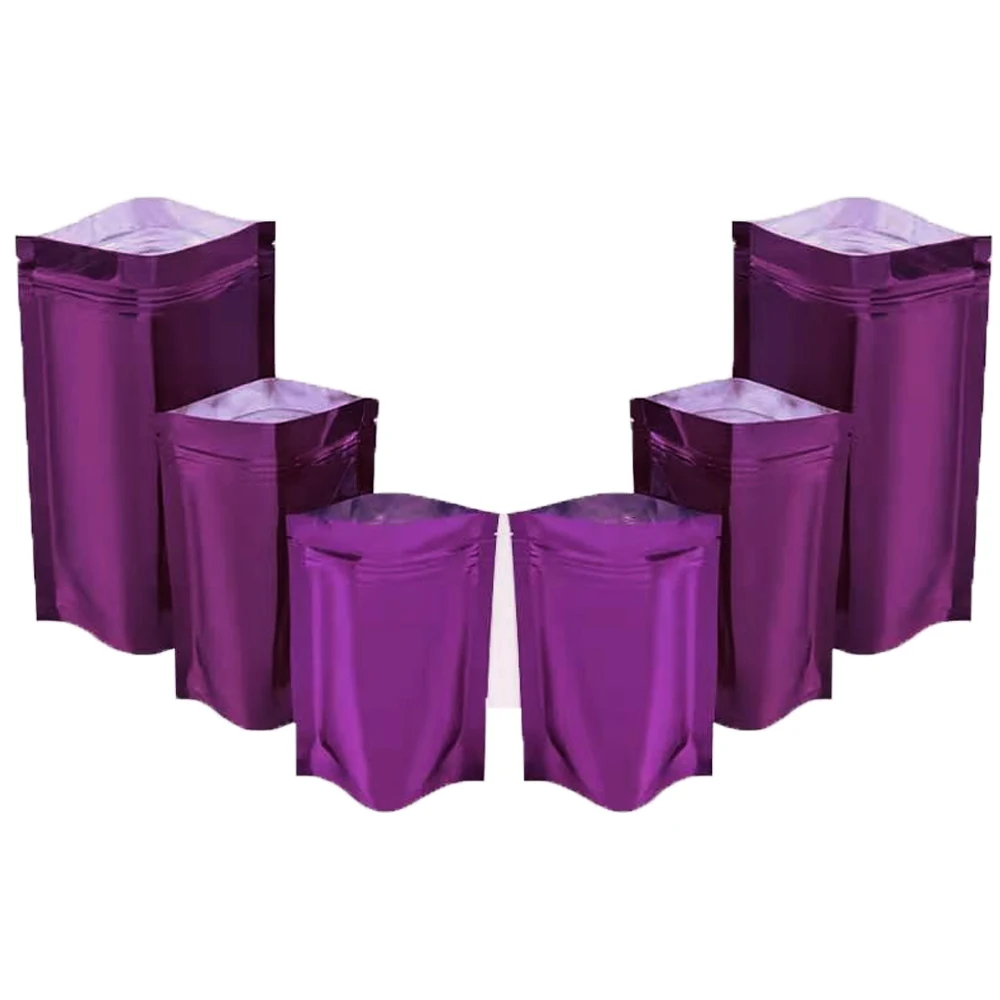 100Pcs/Lot Self Grip Seal Reusable Tear Notch Doypack Food Storage Pack Pouches Glossy Purple Mylar Foil Zip Lock Stand Up Bag