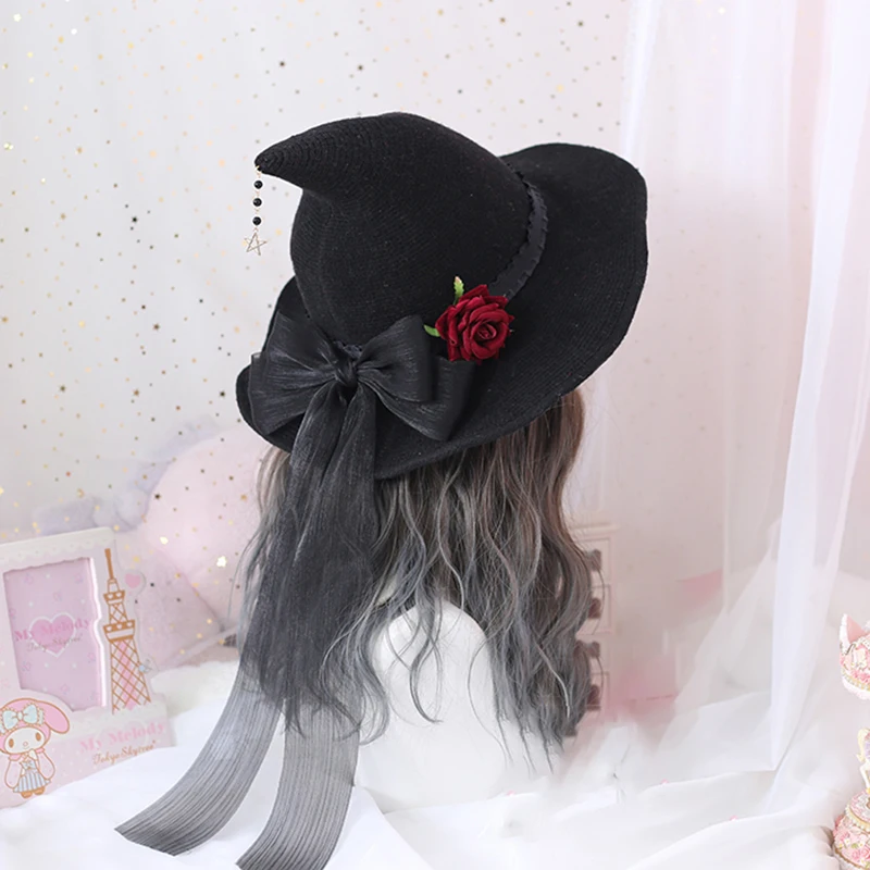 Gothic แม่มดหมวก Lolita หญิงสีแดง Rose Bowknot ดอกไม้ริบบิ้นจี้ผู้หญิงหมวกแม่มดฮาโลวีนอุปกรณ์เสริม