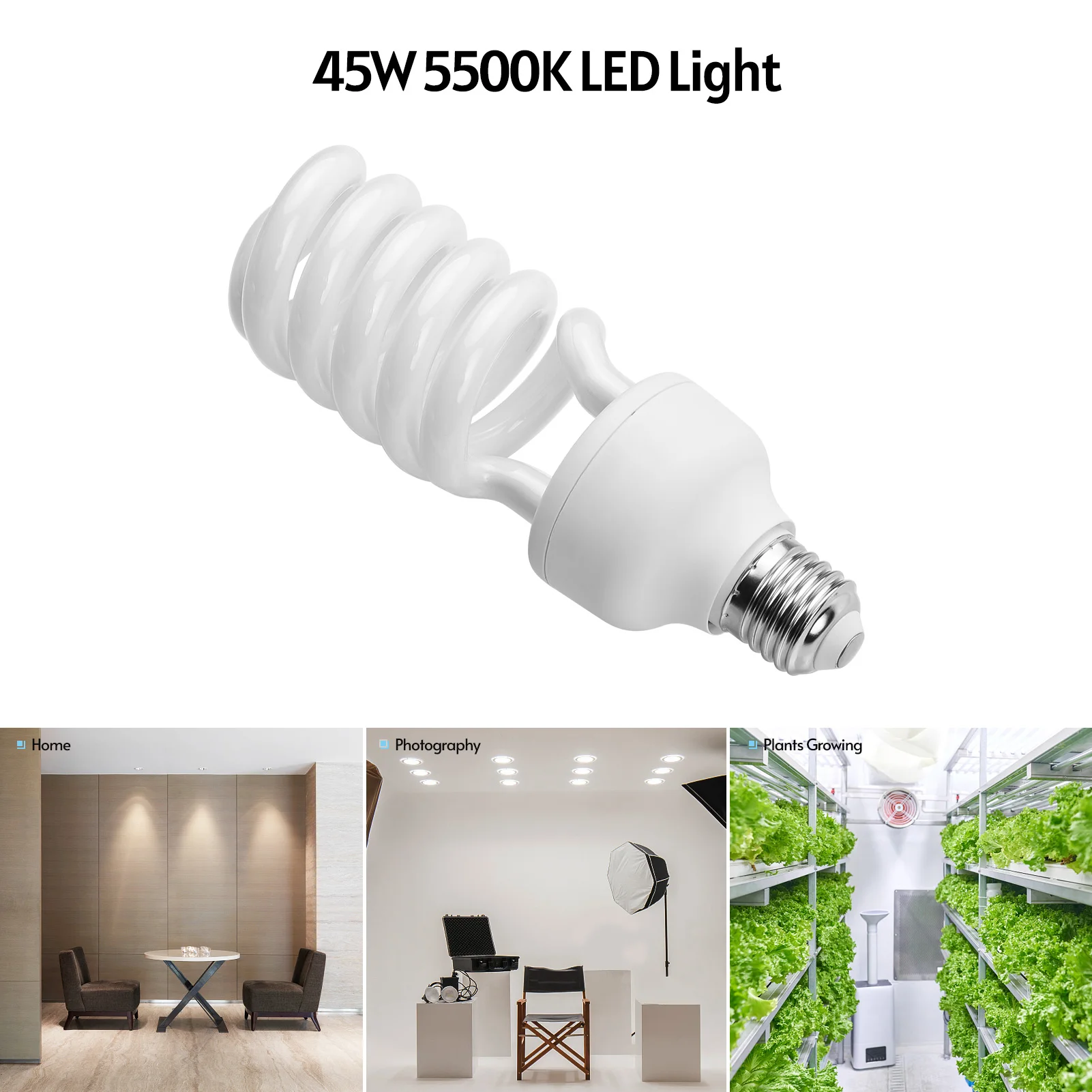 Spiral Fluorescent Light Bulb 45W 5500K Daylight E27 Socket Energy Saving for Studio Photography Video Lighting 220V