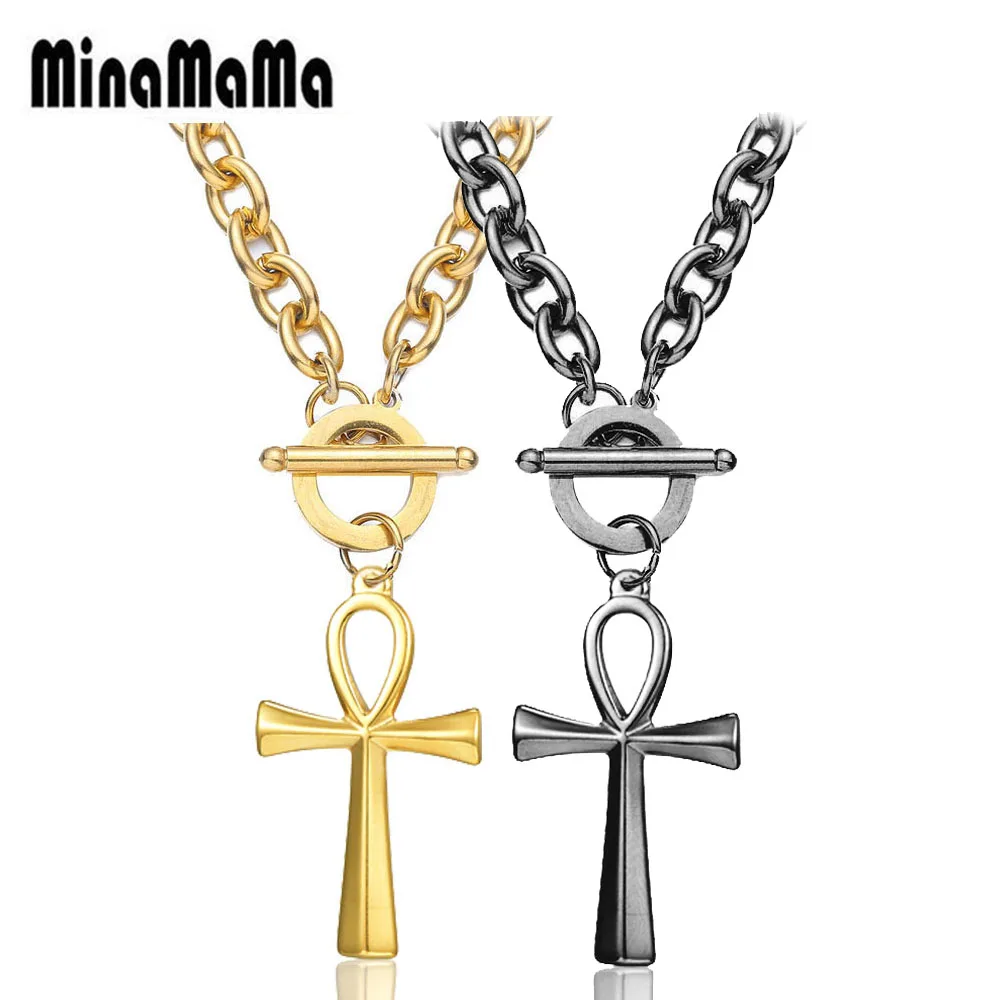 Vintage Stainless Steel Chain Ankh Pendant Necklace For Woman OT Buckle Male Ankh Choker Egyptian Symbol Jewelry