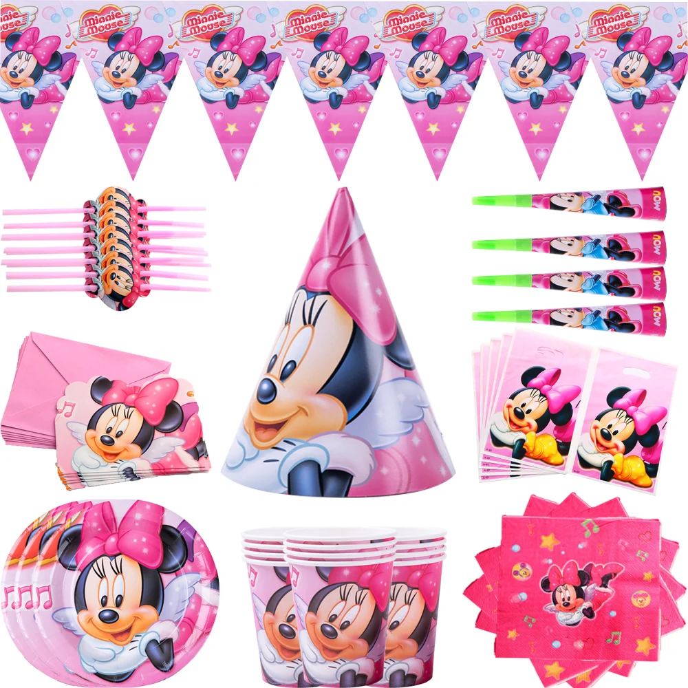 Disney Pink Minnie Mouse Theme Party Supplies Paper Cups Plates Caps Straws Gift Bags Kids Girl Birthday Party Baby Shower Decor