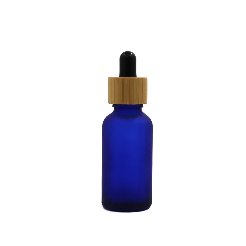 15Pcs Matte Frost Blue Glass Rubber Dropper Bottle 5ml 10ml 15ml 20ml 30ml 50ml 100ml Bamboo Wood Ring Empty Essential Oil Vials